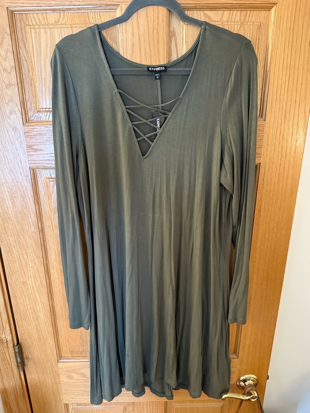 Express Olive Green Long Sleeve Crisscross V-Neck Dress